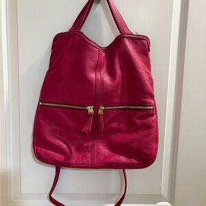 Fossil Genuine Leather Tote Bag Fuchsia Double Zip Pocket Shoulder Bag